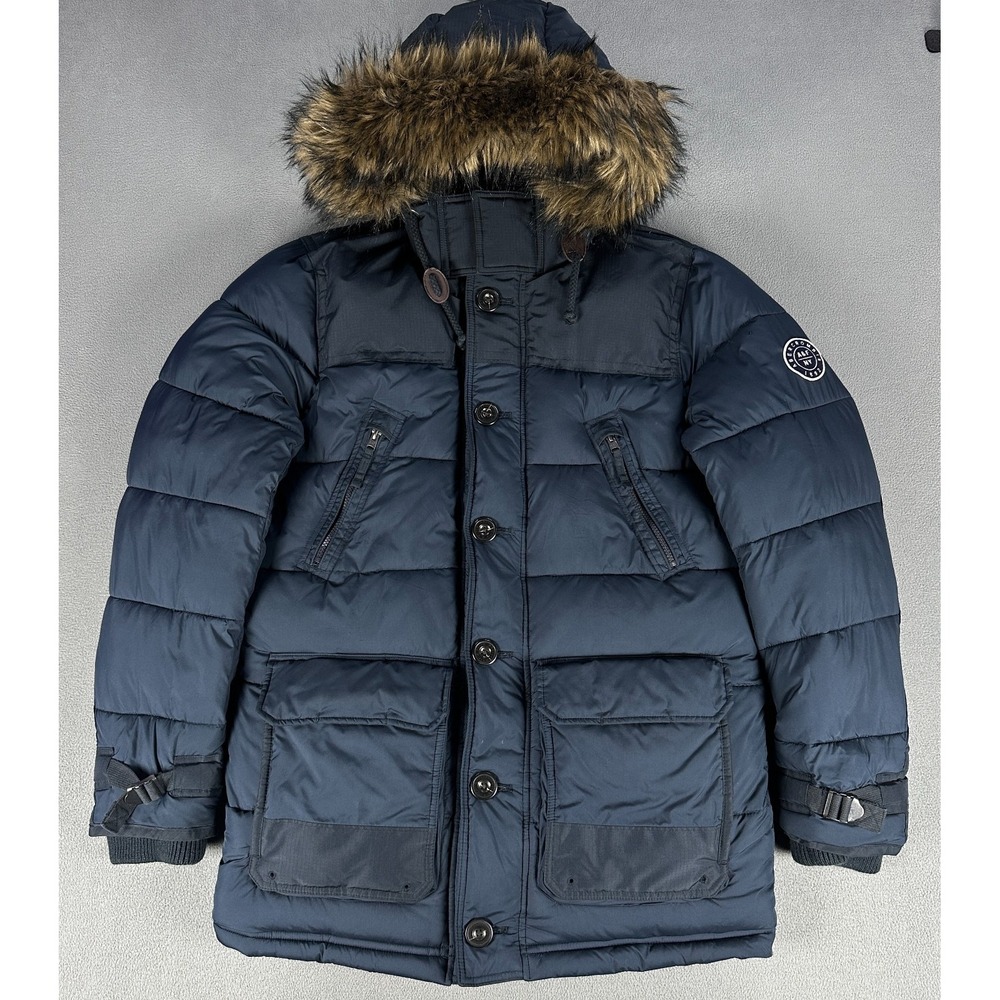 Abercrombie Fitch Jacket Mens XL Blue Puffer Parka Snorkel Fur Hood Insulated